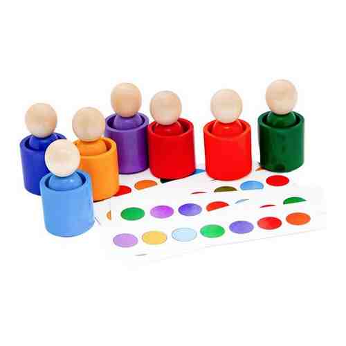 Игрушки Монтессори Большие Гномики деревянные в стаканчиках с карточками 7 цветов арт. 101190128886