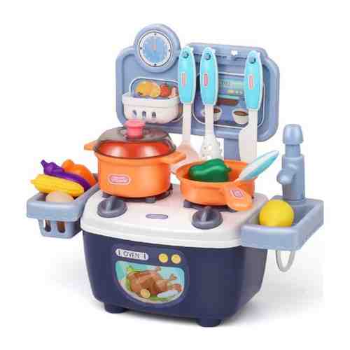 Интерактивная детская кухня, многофункциональный игрушечный гарнитур с набором посуды, продуктами и раковиной, 28см, синий арт. 101456088659