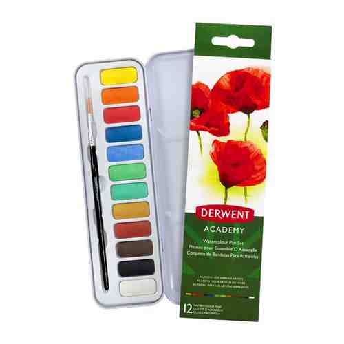 Набор акварельных красок Derwent Academy 12 цветов, кисть, металлическая упаковка арт. 101095780033