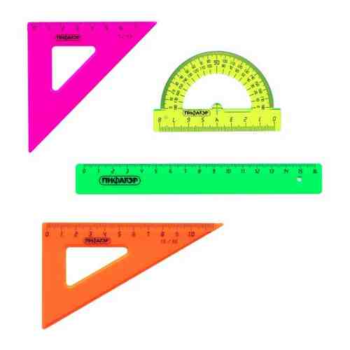 Набор чертежный малый пифагор (линейка 16 см, 2 треугольника, транспортир), непрозрачный, неоновый, пакет, 210624 арт. 100683305825