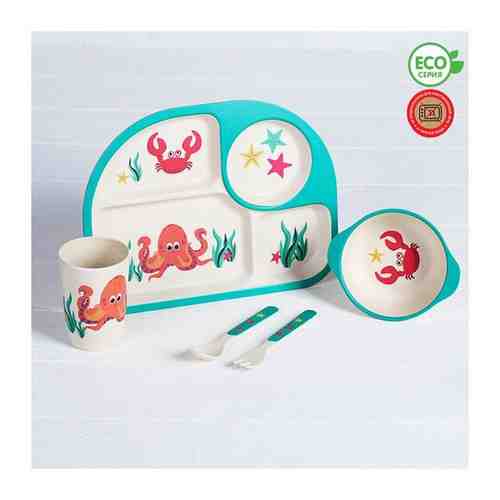 Набор детской посуды из бамбука «Морские жители», 5 предметов: тарелка, миска, стакан, столовые приборы арт. 101225172489