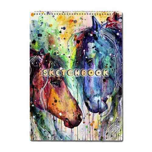 Скетчбук А3 50 листов Блокнот для рисования, эскизов с деревянной обложкой красочная пара лошадей (акварель) - 240 В А3 арт. 101767655329
