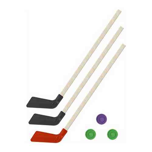 Детский хоккейный набор для игр на улице, свежем воздухе для зимы для лета 3 в 1/ Клюшки хоккейных 80 см (2 черных, 1 красная) + 3 шайбы арт. 101299904899