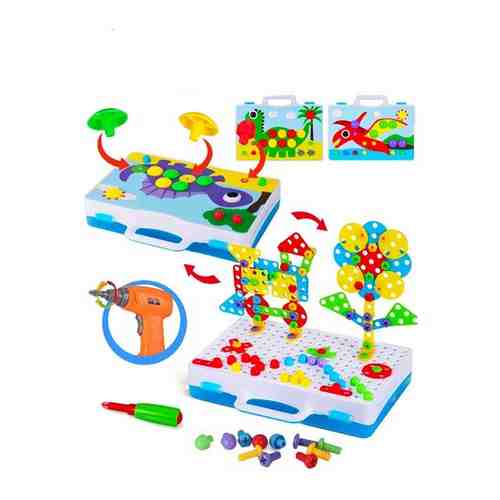Конструктор с шуруповертом S+S Toys мозаика для малышей Динозавры развивающая игра, вертикальный, набор инструментов детский, 3D, пуговки, головоломка арт. 101623367051