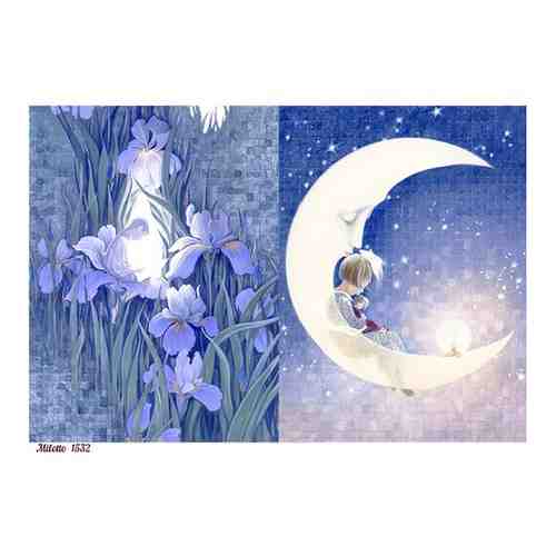 Рисовая бумага для декупажа карта салфетка А4 тонкая 1532 ночное небо Луна месяц цветы фея винтаж крафт Milotto арт. 101548245138